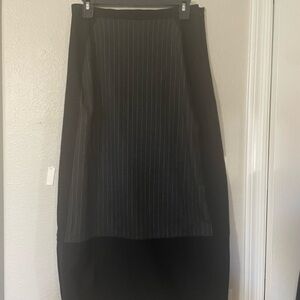 Charcoal gray pinstripe pencil skirt maxi with black side panels and border.